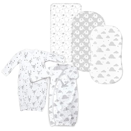 Organic Baby Gift Set - Soft Kimono Gowns & Flexible Bassinet Sheets, 0-6 Mo - 5 Piece Bundle