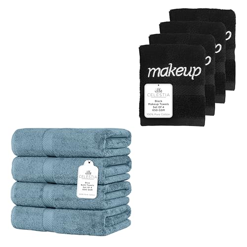 Premium 100% Cotton Towel Set - Ultra Absorbent, Soft & Quick Dry - 8 Pack in Blue & Black