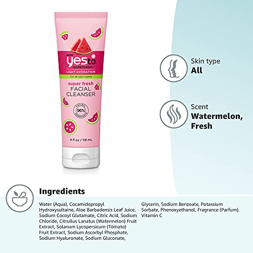 Yes To Watermelon Face Wash - Hydrating Cleanser with Antioxidants, 95% Natural - 4 Fl Oz