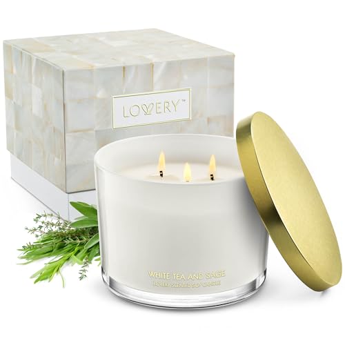 Lovery Large 3-Wick Candle - Relaxing White Tea & Sage Aroma, Natural Soy Wax, 50-Hour Burn