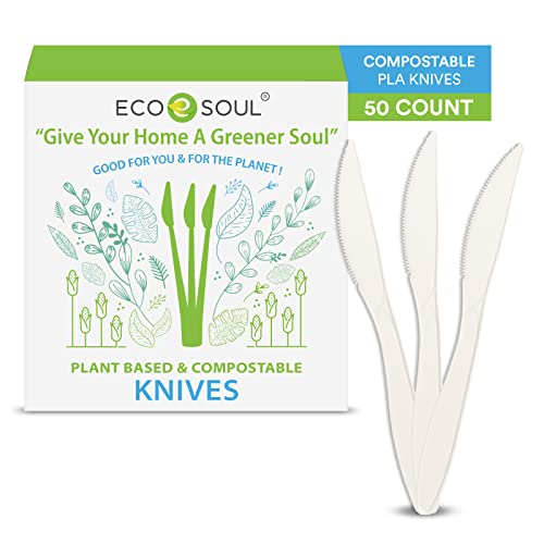 ECO SOUL Compostable Knife Set - 100% Plant-Based, BPA-Free, Durable Utensils - Pack of 50