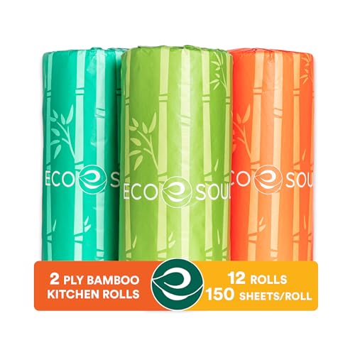 ECO SOUL Bamboo Paper Towels - Ultra Absorbent, Chemical-Free, 12 Rolls, 150 Sheets Each
