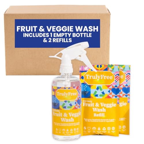Truly Free Natural Fruit & Veggie Wash Kit - Organic Cleaner, Reusable Bottle & 2 Refills - 16oz