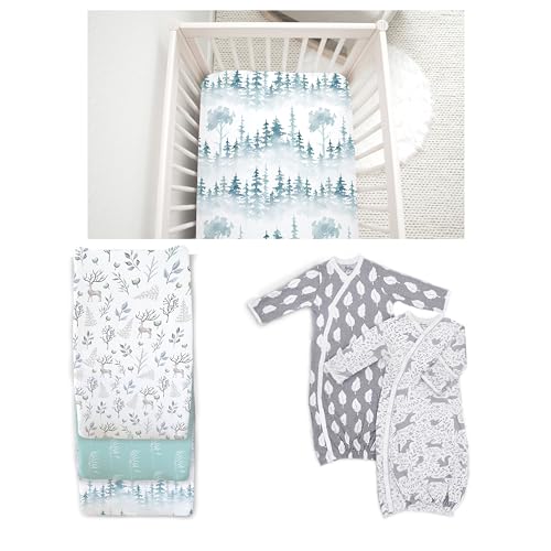 Cambria Baby Gift Set - Soft Organic Cotton Crib Sheet, Gowns & Changing Pad Covers - Nature Prints