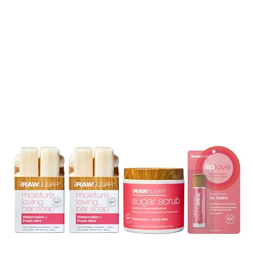 Raw Sugar Bath & Body Gift Set - Moisturizing Soap, Exfoliating Scrub & Nourishing Lip Balm - 3pc