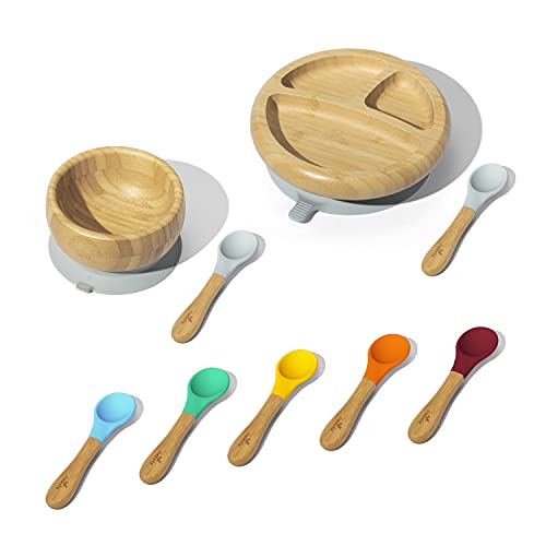 Avanchy Bamboo Baby Bowl Set - No-Mess Feeding, BPA-Free, Suction Base - 4 Pieces, Gray