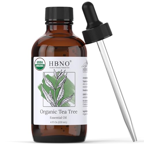 HBNO Organic Tea Tree Essential Oil - USDA Certified for Skin & Hair, Invigorating Aroma - 4 fl oz
