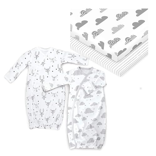 Cambria Baby Gift Set - Soft Organic Cotton Crib Sheets & Gowns, Gender Neutral Patterns - 0-6 Mo