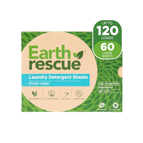 Earth Rescue Laundry Detergent Sheets - Ultra Concentrated, Biodegradable, Fresh Linen - 60 Sheets