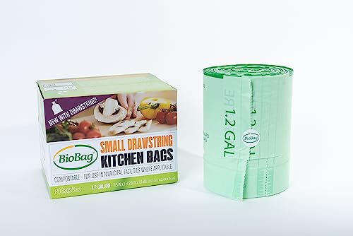 BioBag Compostable Food Scrap Bags - Drawstring, Certified Compostable, 80 Count - 1.2 Gallon