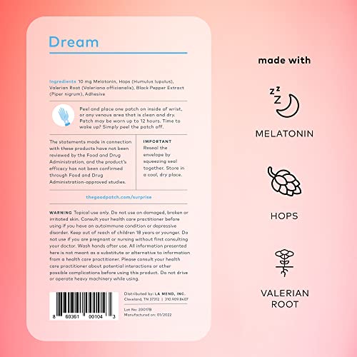 The Good Patch Dream Sleep Patch - Plant-Powered Melatonin, Hops & Valerian, 24 Patches