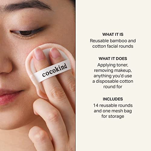 Cocokind Reusable Cotton Rounds - Gentle Makeup Remover, Bamboo & Cotton, 14 Pads with Bag