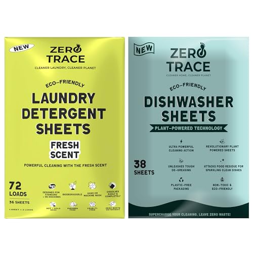 Zero Trace Laundry & Dishwasher Sheets - Odor Eliminator, Plant-Based, Biodegradable - 72 Loads