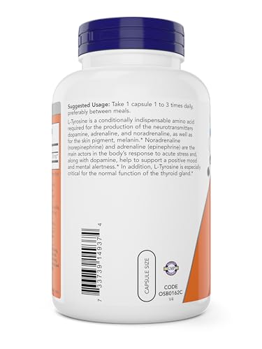 Now Foods L-Tyrosine 500mg - Supports Mental Alertness, Non-GMO, 300 Capsules