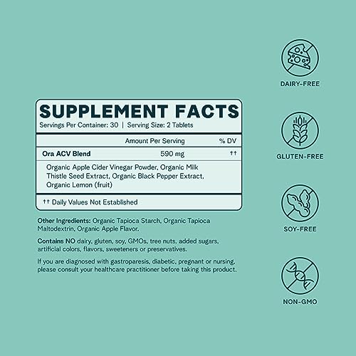 Ora Organic Apple Cider Vinegar Pills - Metabolism Booster, Detox Support - 60 Vegan Tablets