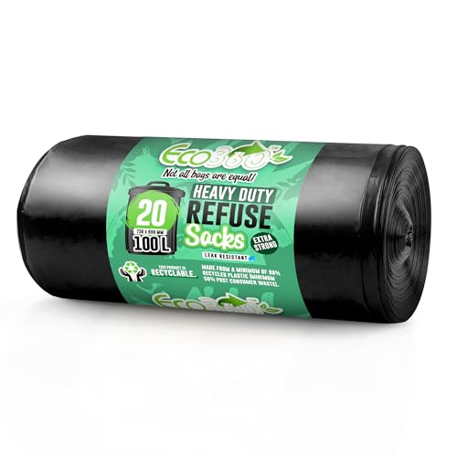 EcoBag Heavy Duty Trash Bags - 100L Leak Resistant, 98% Recycled Material - 20 Pack
