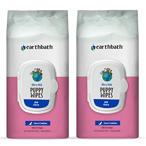 earthbath Ultra-Mild Wild Cherry Puppy Wipes - Moisturizing, Hypoallergenic, 100 Count
