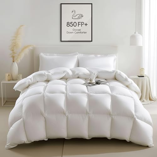 Wellos Goose Down Comforter Queen - 850+ Fill Power, 1000 TC Cotton, 3D Baffle Box - 90x90"