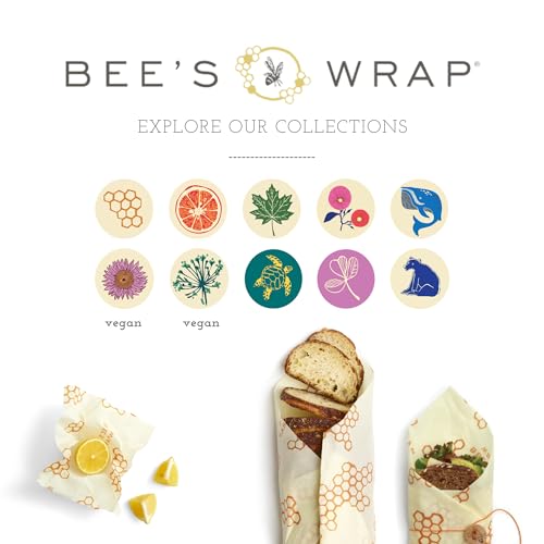 Bee's Wrap Reusable Vegan Food Wraps - Organic, Toxin-Free, 3 Sizes for Fresh Food Storage
