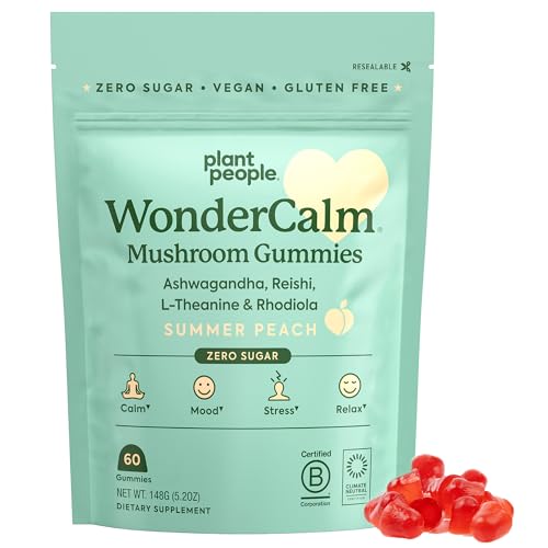 Plant People WonderCalm Mushroom Gummies - Eases Stress, Boosts Mood, Vegan, Peach Flavor - 60 Count