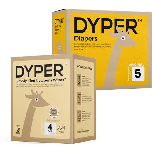 DYPER Bamboo Diapers Size 5 - Soft, Absorbent, Hypoallergenic, 224 Wipes Included