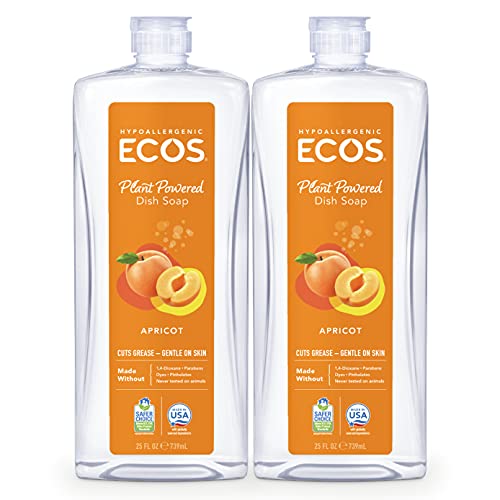 ECOS Hypoallergenic Dish Soap - Natural Apricot Scent, Coconut-Based Ingredients - 25 Fl Oz (2 Pack)