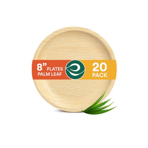 ECO SOUL 8-Inch Round Palm Leaf Plates - 100% Compostable, Toxin-Free, USDA Certified - 20-Pack