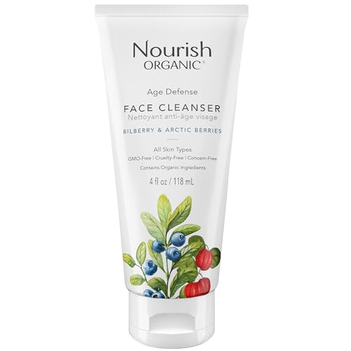 Nourish Organic Facial Cleanser - Age Defense with Bilberry & Aloe Vera, 4 Oz + Cotton Round
