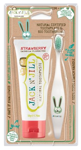 Jack n Jill Children's Dental Care Set - Fluoride-Free Strawberry Toothpaste & Ergonomic Toothbrush