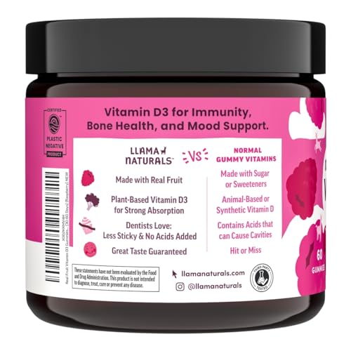 Llama Naturals Vitamin D3 Gummies - Supports Healthy Bones & Immunity, Organic Raspberry - 60 ct