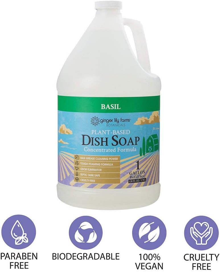 Ginger Lily Farms Dish Soap - Maximum Grease Cleaning Power, Plant-Based, Basil Scent - 1 Gallon