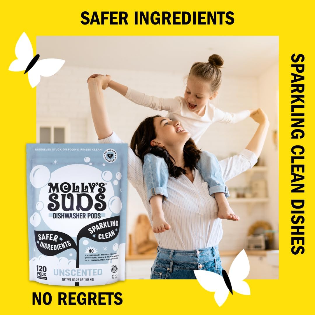 Molly's Suds Dishwasher Pods - Natural Grease Cutter, Residue-Free Clean, Hypoallergenic - 60 Tabs