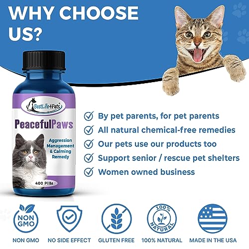 Peaceful Paws Cat Calming Supplement - Reduces Aggression, Non-Drowsy, Natural - 400 Pills