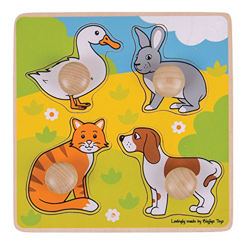 Bigjigs Toys Wooden Toddler Puzzle - Develops Fine Motor Skills, Safe Non-Toxic Wood - 4 Animals