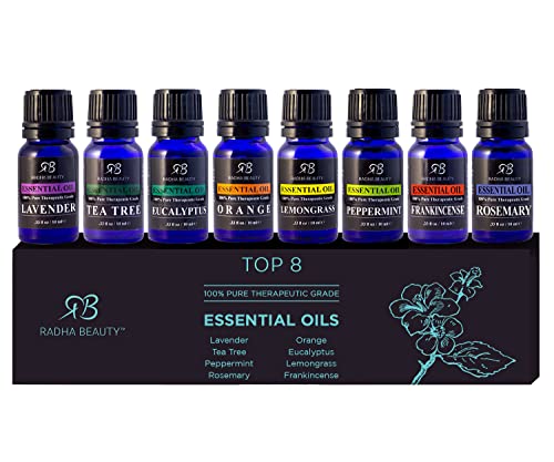 Radha Beauty Essential Oil Set - Therapeutic Aromatherapy for Diffusers & Massage - 8x10mL