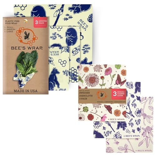 Bee's Wrap Reusable Food Wraps Bundle - Absorbent Dish Towels & Compostable Cloths - 3 Pack