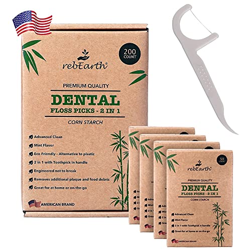rebEarth Natural Dental Floss Picks - Mint Flavor, Plant-Based, Strong & Shred Resistant - 200 Count
