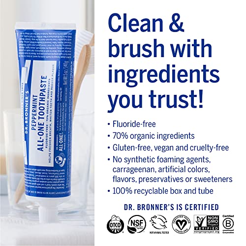 Dr. Bronner’s All-One Toothpaste Variety Pack - Fluoride-Free, 70% Organic, Vegan - 5oz, 2-Pack