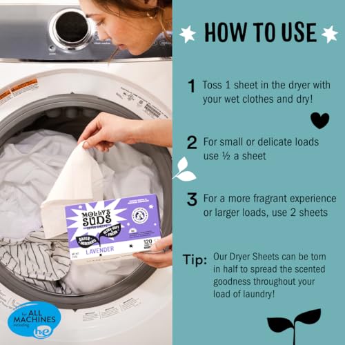 Molly's Suds Fabric Softener Dryer Sheets - Plant-Based, Sensitive Skin, Plastic-Free - 120 Sheets
