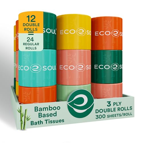 ECO SOUL Bamboo Toilet Paper - Soft, Strong, Hypoallergenic, Biodegradable - 12 Mega Rolls