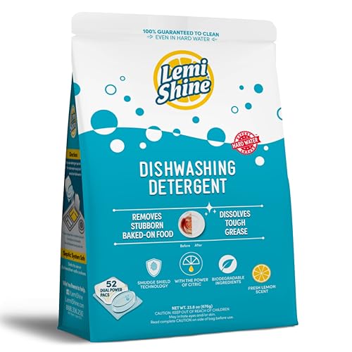 Lemi Shine Dishwasher Pods - Powerful Citric Acid Clean, Fresh Lemon Scent - 52 Count