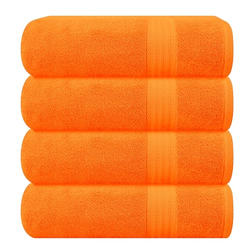 GLAMBURG Premium Cotton Bath Towel Set - Ultra Soft & Highly Absorbent - 4 Towels, 27x54, Orange