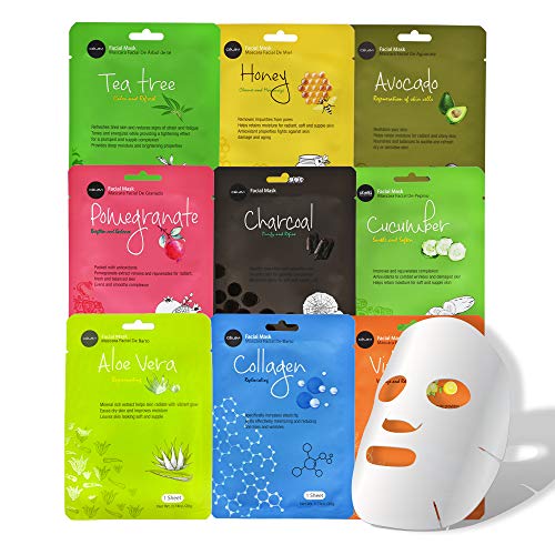 Celavi Face Mask - Hydrating Antioxidant Infusion, Natural Ingredients - 9 Pack of Variety