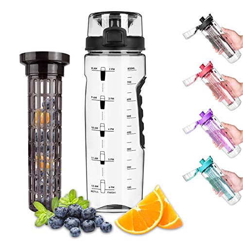Opard Water Bottle - Time Marker, BPA-Free, Fruit Infuser, Leak-Proof, 30oz Capacity, Black