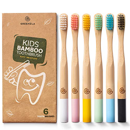 GREENZLA Kids Bamboo Toothbrushes - Gentle Charcoal Bristles, Biodegradable Handles - 6 Pack