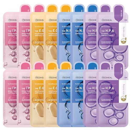 Mediheal Korean Ampoule Sheet Mask Pack - Hydrating, Brightening, FSC Certified - 16 Masks