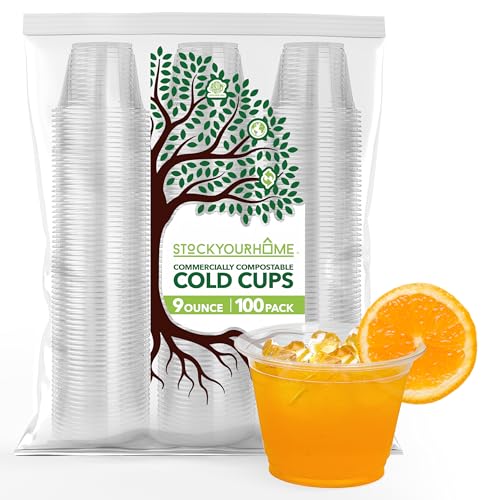 Stock Your Home Compostable Cups - Plant-Based, BPA-Free, Perfect for Parties - 9oz, 100 Pack