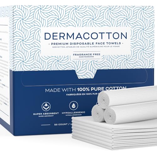 Dermacotton Disposable Cotton Face Towels - Hypoallergenic Makeup Remover, Biodegradable - 50 Pack