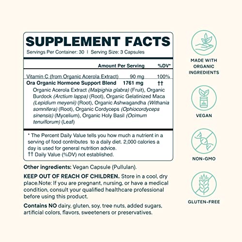 Ora Organic Hormone Balancing Supplement - Supports Skin, Mood, Energy & PMS - 90 Capsules