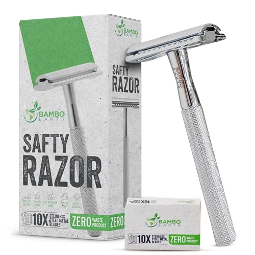 BambooEarth Double Edge Safety Razor - Smooth Shave, 10 Stainless Steel Blades - Travel-Friendly